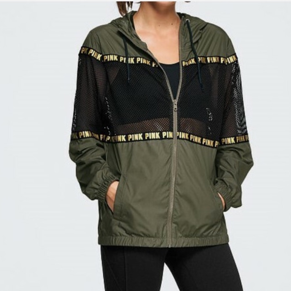 VICTORIA'S SECRET PINK Full Zip Anorak Hoodie Gold‎ Foil Bling Olive size XS